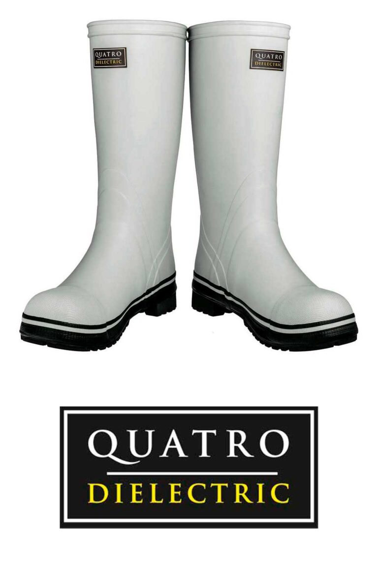 A pair of white FQD8 Series Quatro dielectric rubber boots with black soles. The Quatro logo stands out on the boots and beneath them against a black background with DIELECTRIC in yellow.