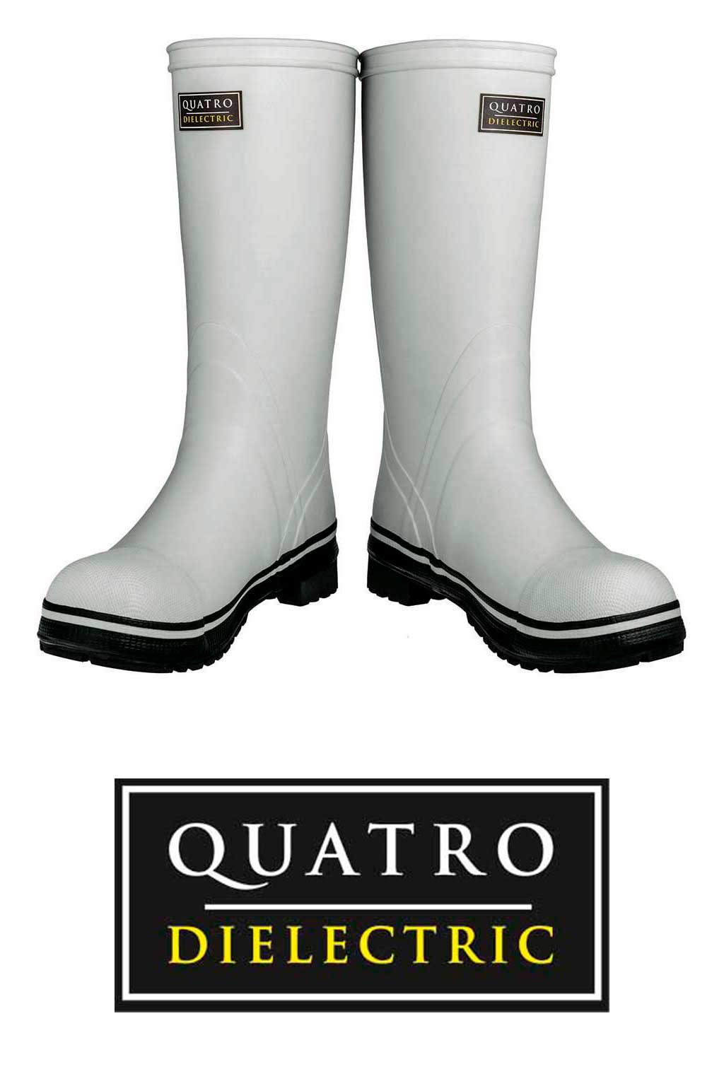A pair of white FQD8 Series Quatro dielectric rubber boots with black soles. The Quatro logo stands out on the boots and beneath them against a black background with DIELECTRIC in yellow.